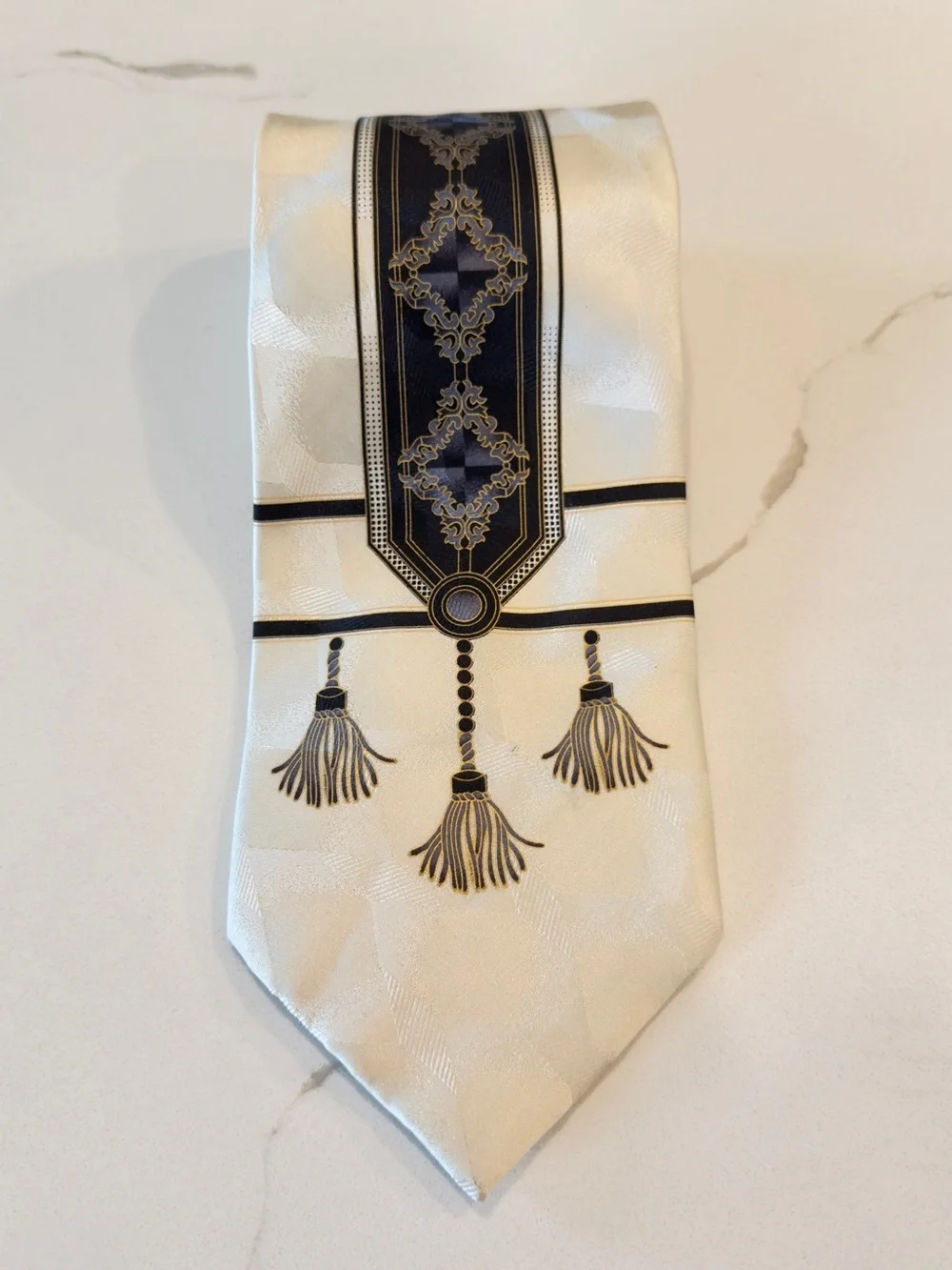 Giorgio Cosani Men's Ivory Necktie with Navy Tassel Detail
